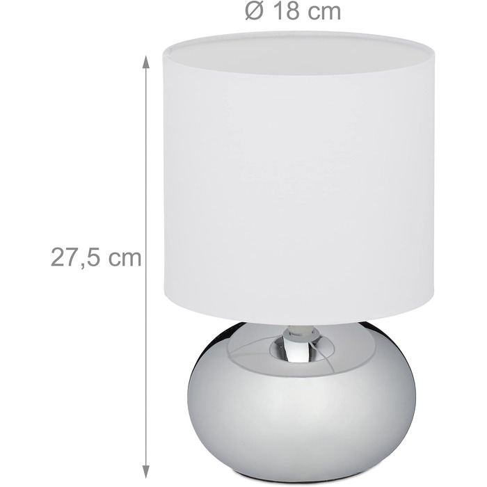Relaxdays Tischlampe, runde Nachttischlampe mit Touch, HxD: 27,5 x 18 cm, E14, Tischleuchte mit Stoffschirm, silber/weiß