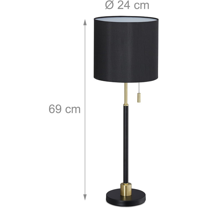 Relaxdays Tischlampe mit Zugschalter, elegante Nachttischlampe mit Stoffschirm, E27 Fassung, HD 69 x 24 cm, schwarz-gold