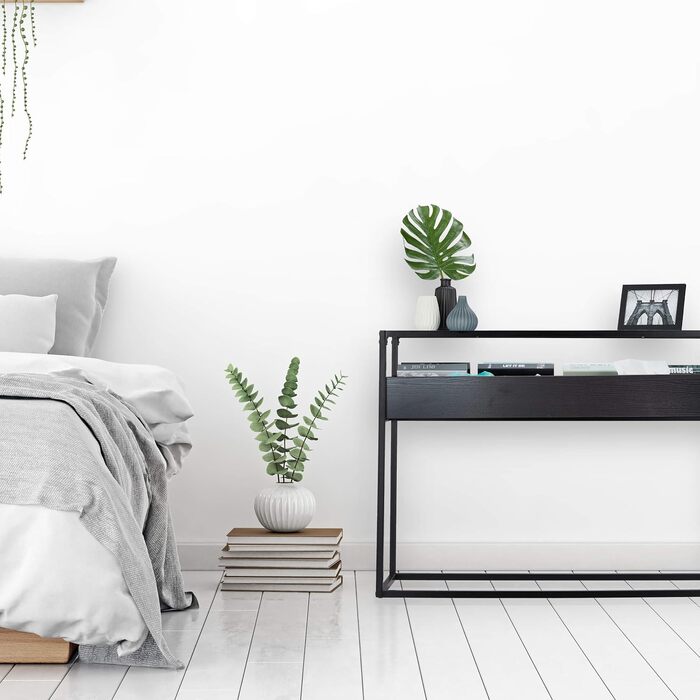 Relaxdays Konsolentisch, Glas Ablage, 4 Fächer, 80,5x110x40 cm, Metall, Flur & Wohnzimmer, schwarz
