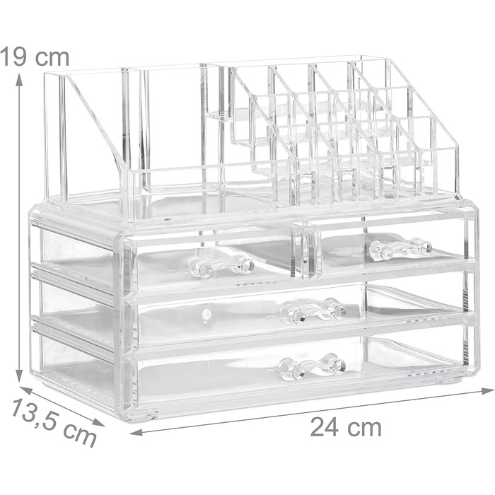 Relaxdays Make Up Organizer Acryl, 2-teilige Schminkaufbewahrung mit Lippenstifthalter und 4 Schubladen, transparent, 19 x 24 x 13.5 cm