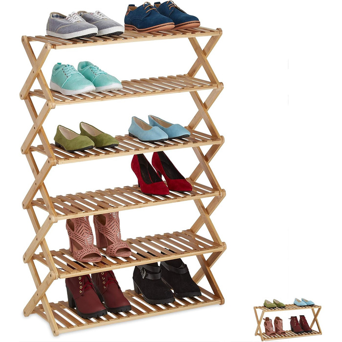 Relaxdays Schuhregal Bambus, faltbar, 6 Ebenen, 18 Paar Schuhe