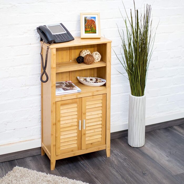Relaxdays Badezimmerschrank Bambus, HBT: 92x50x25 cm, Badschrank mit Lamellentüren, natur, 1 Stück