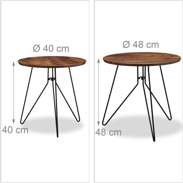 Relaxdays Beistelltisch 2er-Set, runde Satztische mit Metallgestell, Ablagetische, Tischplatte 40 u. 48 cm, MDF,  Standard (Braun)