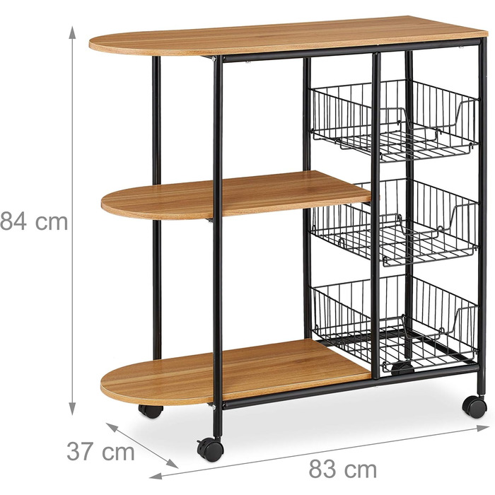 Relaxdays Servierwagen, 3 Ablagen & Körben, Industrial, Metall & MDF, 84x83x37 cm, weiß/braun, Design C