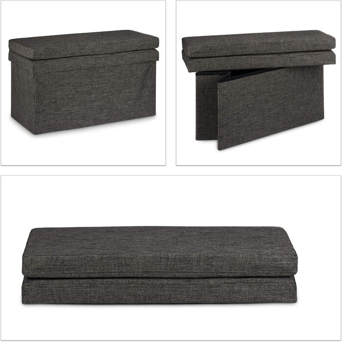 Relaxdays Faltbarer Sitzhocker mit Lehne, Stauraum, Leinen, 73x76x38 cm, Braun