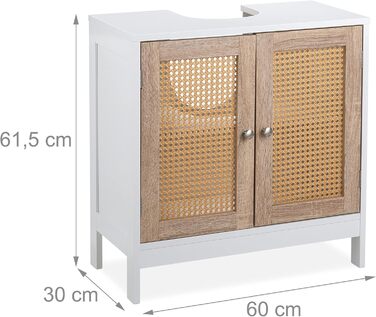 Relaxdays Waschbeckenunterschrank, 60 cm, 2 Fächer, Siphon-Aussparung, Rattan-Türen, weiß/Natur