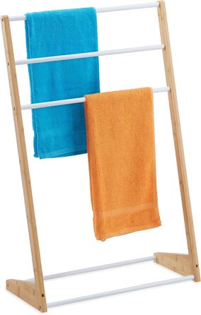 Relaxdays Handtuchhalter, 3 Stangen, HBT: 98x62x30cm, Bambus & Eisen, Natur/weiß