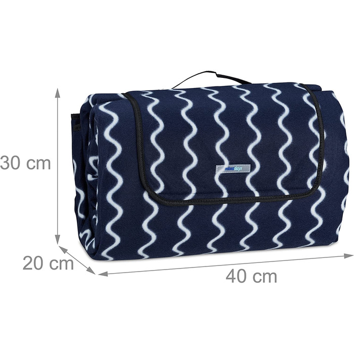 Relaxdays XXL Picknickdecke, 200x300 cm, Fleece Stranddecke, wärmeisoliert, wasserdicht, mit Tragegriff, dunkelblau/weiß