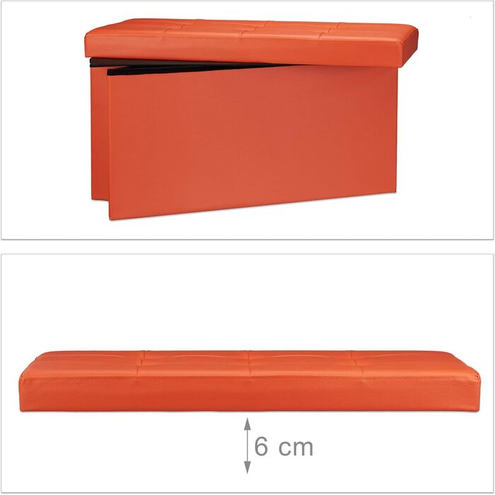 Relaxdays Faltbare Sitzbank 76cm, 2-Sitzer mit Stauraum, Kunstleder, 300kg belastbar, Orange