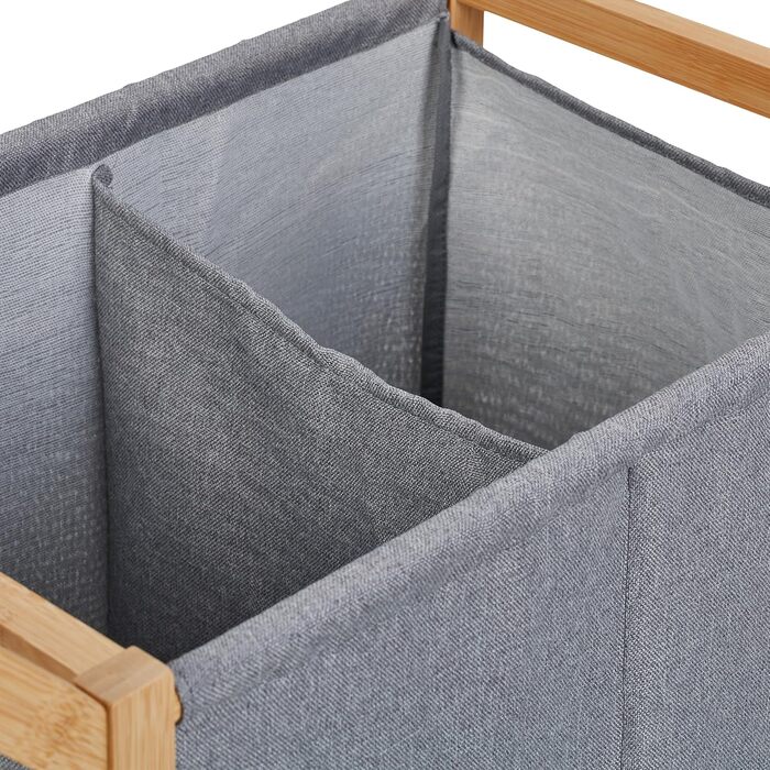 Relaxdays Wäschekorb, 2 Fächer, 80 l, auf Rollen, Bambus & Stoff, 76x65x35 cm, natur/grau