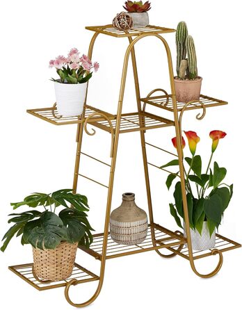 Relaxdays Blumentreppe Metall, Vintage, 83x75x24 cm, 7 Ablagen, gold