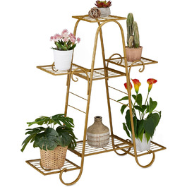 Relaxdays Blumentreppe Metall, Vintage, 83x75x24 cm, 7 Ablagen, gold