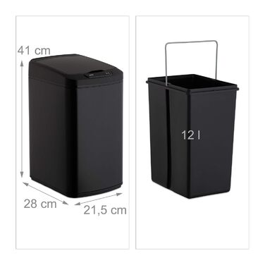 Relaxdays Sensor Mülleimer 12l, eckiger Abfalleimer mit Deckel & Inneneimer, Küche & Bad, Automatik Mülleimer, schwarz