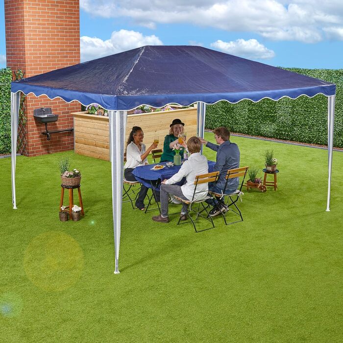 Relaxdays Pavillon, HxBxT: 2,5 x 3 x 4 m, PE, Stahl, wasserdicht, reißfest, Stecksystem, Gartenpavillon, dunkelblau/weiß, 1 Stück
