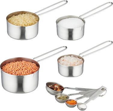 Relaxdays Messbecher & Löffel Set, 8-teilig, Edelstahl, US & ml, Portionierlöffel, Silber