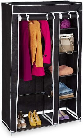 Relaxdays 1 x Stoffschrank, mit Kleiderstange & 5 Fächern, HBT: 174 x 107 x 42,5 cm, Stabiler Faltschrank mit Bezug, schwarz