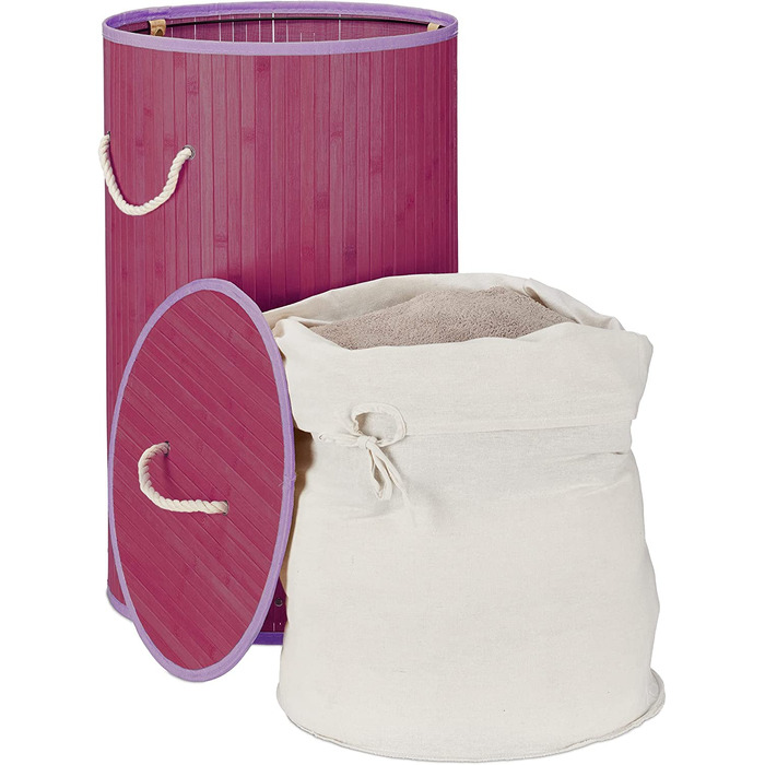 3x faltbare Wäschetonne Bambus mit Deckel, 70L, Wäschesack Baumwolle, rund Ø 4 cm, grau (Lila, Weiß, 3)