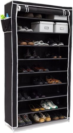 Relaxdays Schuhschrank Valentin, 161x88x30 cm, 10 Ablagen, Stoffbezug, staubfreie Lagerung, 45 Paar Schuhe, Schwarz