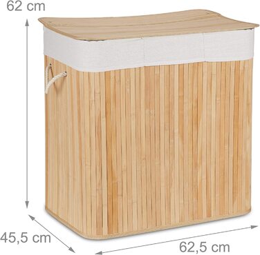 Relaxdays Wäschekorb, mit 3 Fächern, mit Deckel, rechteckiger Wäschesammler, HBT: 62 x 62,5 x 42,5 cm, aus Bambus,  10041530_49 (Natur)