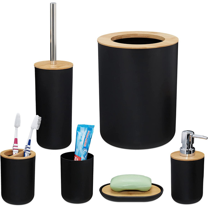 Relaxdays Badezimmer Set, 6-teilig, Badaccessoires Kunststoff, Bambus, komplette Badezimmerausstattung, Badset, (Schwarz)