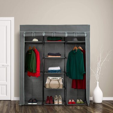 Relaxdays Stoffschrank mit Kleiderstange & 9 Ablagen, HxBxT: 172x147x43cm, Kleiderschrank mit Reißverschluss, anthrazit