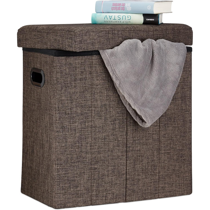 Relaxdays Faltbarer Sitzhocker mit Stauraum, 49,5x46x25,5 cm, Leinen/Polyester, Braun