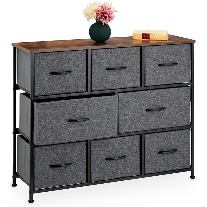 Relaxdays Kommode Industrial, 78,5x100x30 cm, 8 Schubladen, Stoff/Metall, Holzoptik, Sideboard, grau/braun