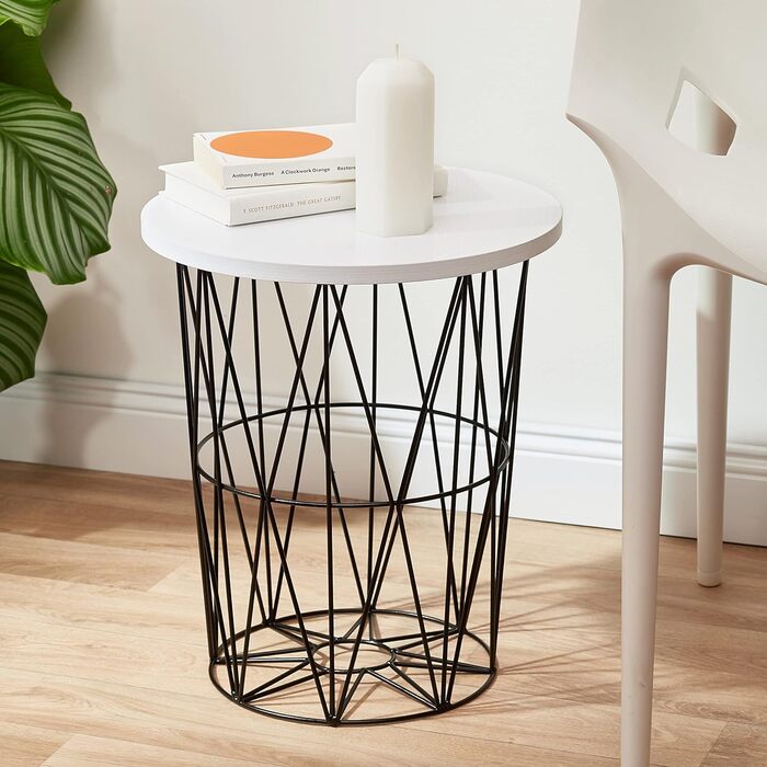 Relaxdays, weiß-schwarz runder Beistelltisch mit Metallkorb, dekorativer Couchtisch, Wohnzimmertisch modern, 45cm hoch,  (Design A)