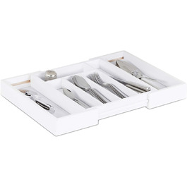 Relaxdays Besteckkasten Schublade, ausziehbar, variable Breite, 5 bis 7 Fächer, Bambus Organizer, HBT: 5x48x33,5cm, weiß