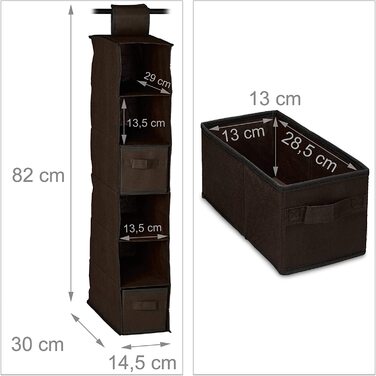 Relaxdays Hängeregal Stoff, Hängeaufbewahrung, 6 Fächer, 2 Schübe, für Kleiderschrank, HBT: ca. 82x14,5x30 cm, braun