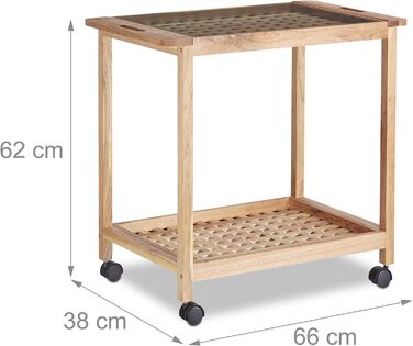 Relaxdays Küchenwagen auf Rollen, Holz Servierwagen mit Glasplatte, 2 Etagen, 62x66x38 cm, natur