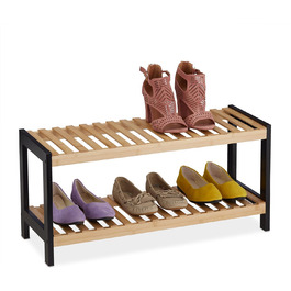 Relaxdays Schuhregal, 2 Ebenen, für 6 Paar Schuhe, offen, Schuhständer HBT: 33 x 70 x 26 cm, Bambus, MDF, natur/schwarz