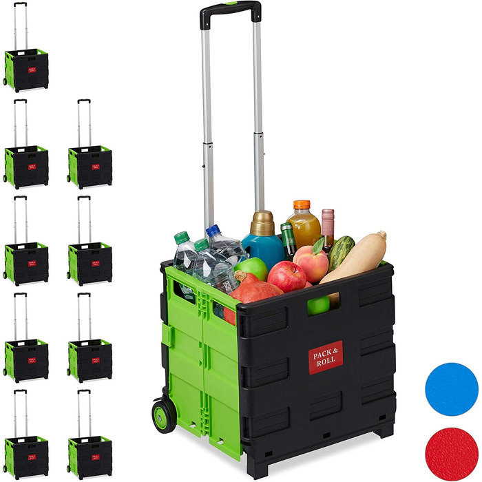 1 x Einkaufstrolley klappbar, Teleskop-Griff, 2 Gummi Rollen, bis 35 kg, Shopping Trolley, Aluminium, ABS, (Grün, 10er Pack)
