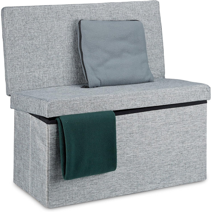 Relaxdays Faltbarer Sitzhocker mit Lehne, 73x76x38 cm, Sitzbank & Sitzcube, Leinen, Stauraum, grau
