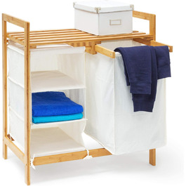 Relaxdays Wäschesammler Linea Bambus HxBxT: ca. 77 x 69,5 x 36 cm Wäschepuff mit 40 Litern Volumen 2 Ablagen und 3 Fächern als Wäschebehälter mit Wäschesack aus weißem Stoff und 2 Griffen, natur Single