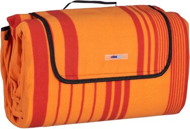 Relaxdays XXL Picknickdecke, 200x300 cm, isoliert, wasserdicht, gestreifte Fleece Stranddecke, Tragegriff, orange/rot