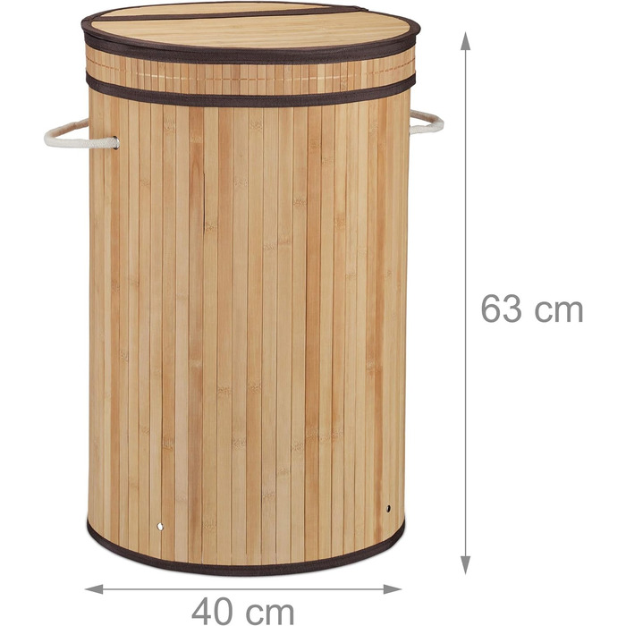 Relaxdays Wäschekorb Bambus, runder Wäschesammler mit Klappdeckel, 65 l, faltbare Wäschetonne, rund Ø 40 cm, (Natur)