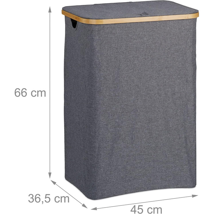 Relaxdays Wäschekorb mit Deckel, 130 l, Wäschesammler Bambus & Polyester, tragbar, atmungsaktiver Wäschesack,  90 10, (66 x 45 x 36.5 cm, Grau/Natur)