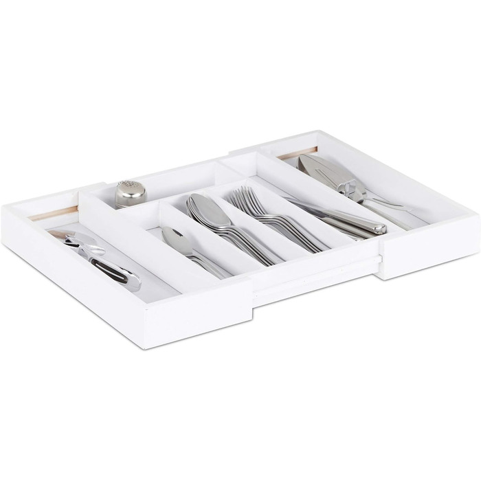 Relaxdays Besteckkasten Schublade, ausziehbar, variable Breite, 5 bis 7 Fächer, Bambus Organizer, HBT: 5x48x33,5cm, weiß
