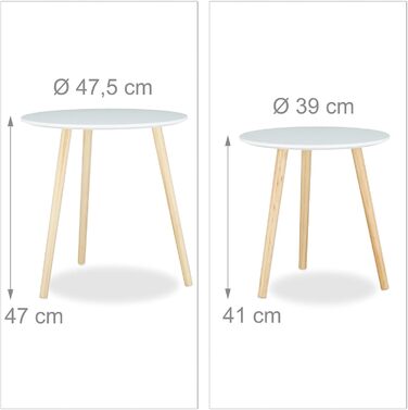 Relaxdays Beistelltisch 2er Set skandinavisch, 70er Design, Nachttische, Satztische, Durchmesser 39 und 47,5 cm, weiß, 47.5 x 47.5 x 47 cm