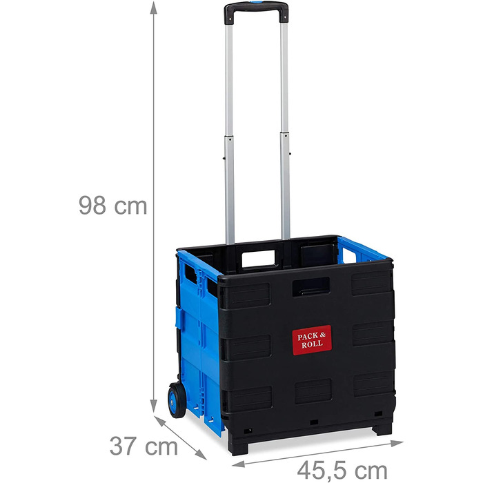 Relaxdays Einkaufstrolley klappbar, Teleskop-Griff, 2 Gummi Rollen, bis 35 kg, Shopping Trolley, Aluminium, ABS, blau