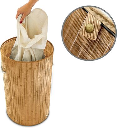 Relaxdays Wäschekorb Bambus, faltbar, Deckel, 70 l, Baumwoll-Wäschesack, rund Ø 41 cm, natur