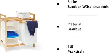 Relaxdays Wäschesammler Linea Bambus HxBxT: ca. 77 x 69,5 x 36 cm Wäschepuff mit 40 Litern Volumen 2 Ablagen und 3 Fächern als Wäschebehälter mit Wäschesack aus weißem Stoff und 2 Griffen, natur Single