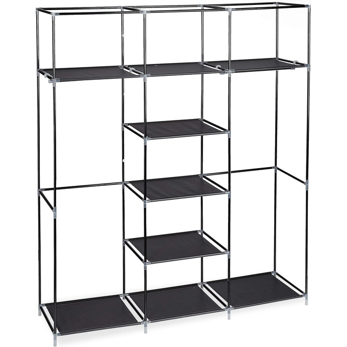 Relaxdays Stoffkleiderschrank, 9 Fächer, 2 Kleiderstangen, HBT: 173 x 148 x 43 cm, Camping, Keller, Faltschrank,  Stoff (Schwarz)