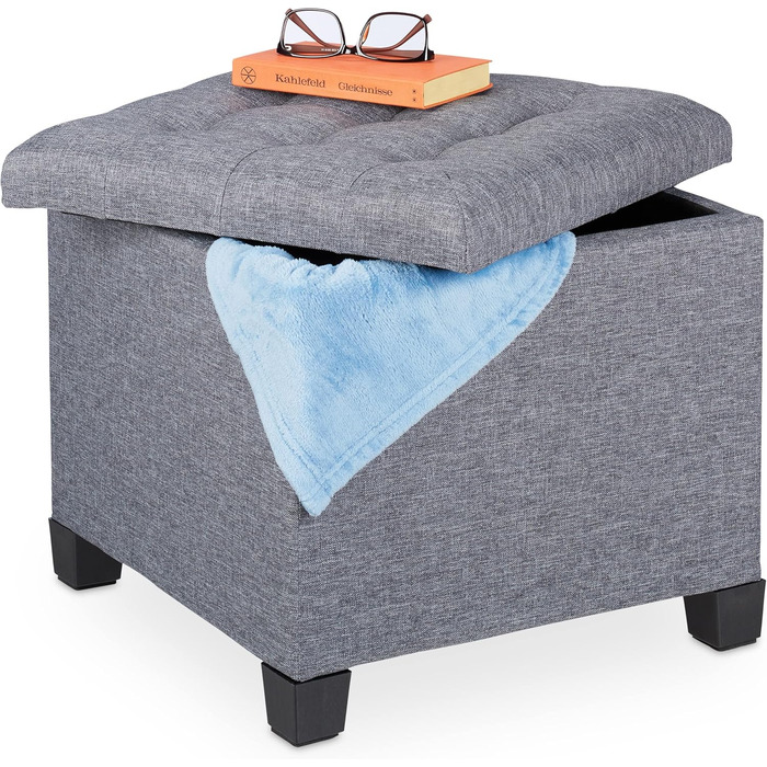 Relaxdays Sitzhocker mit Stauraum, 42x45x45 cm, gesteppt, Stoffbezug, Schaumstoffpolster, grau
