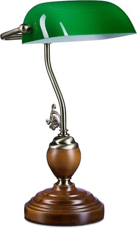 Relaxdays Bankerlampe Holzfuß grün Klassiker Schreibtischlampe – Retro Tischlampe Banker Lampe Messing-Optik & geschwungenen Verzierungen der 30er Jahre – Holz Gals Metall – 26,5 x 43 x 18 cm – E27
