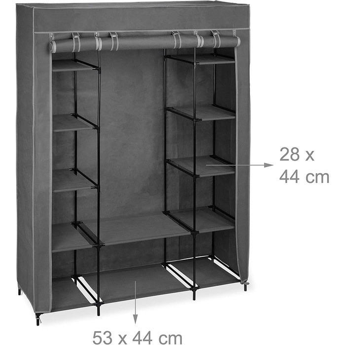 Relaxdays Stoffschrank mit Kleiderstange & 12 Ablagen, HBT: 175x135x45cm, Kleiderschrank mit Reißverschluss, anthrazit
