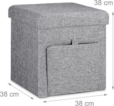 Relaxdays Faltbarer Sitzhocker, Leinen, Aufbewahrungsbox, abnehmbarer Deckel, 38x38x38 cm, grau