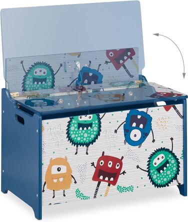 Relaxdays Spielzeugtruhe, Monster-Design, Spielzeugkiste mit Deckel, HBT: 50x60x36,5 cm, MDF, Spielzeugbox, blau/weiß