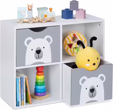 Relaxdays Kinderregal Bär, 2 Schubladen, 2 offene Fächer, H x B x T: 48 x 60 x 24,5 cm, Bücherregal Kinder, weiß/grau 48 x 60 x 24,5 cm Weiß/Grau
